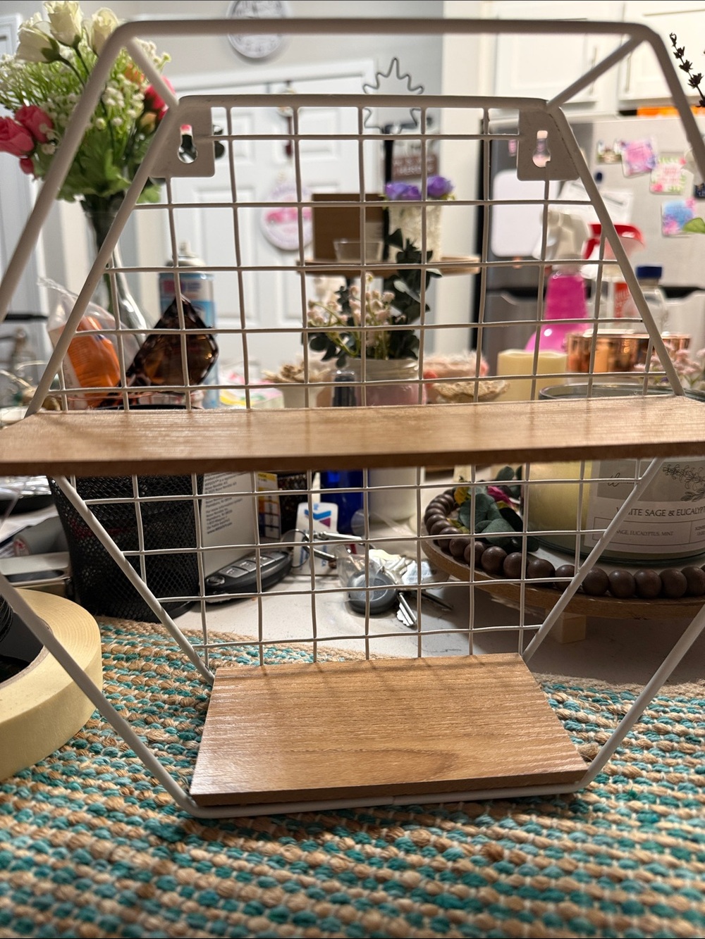 Wood and White Hexagon Grid Wall Display Shelf - White and Natural
